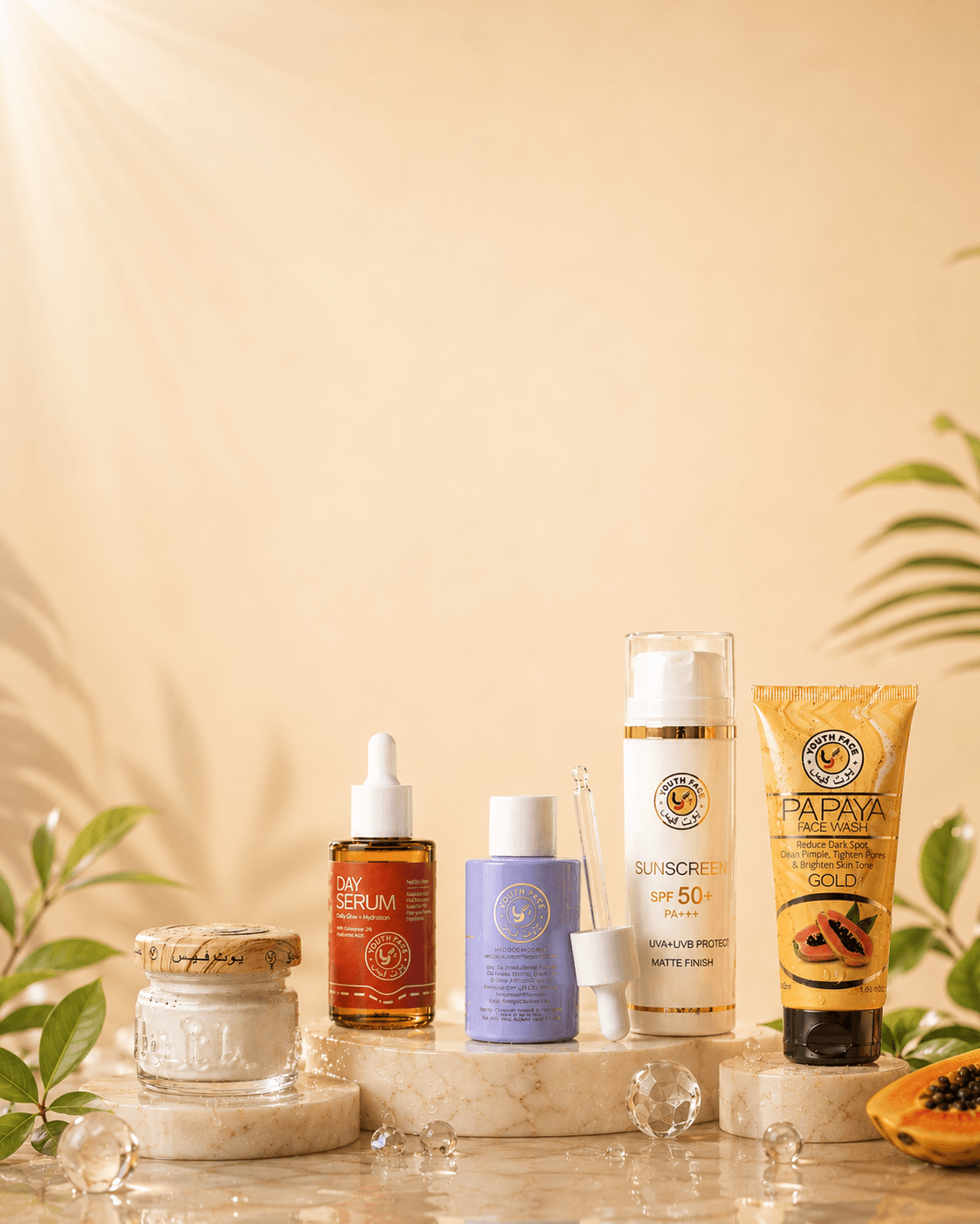 Youth Face skincare collection banner featuring daily skincare products